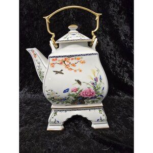 Franklin Mint Birds & Flowers Orient Teapot Square Ceramic Stand Gold Accents